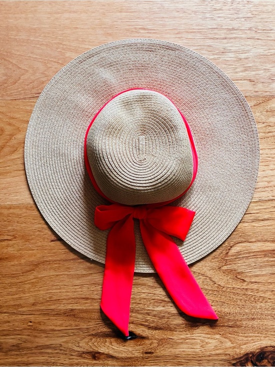 Haute Hippie Accessories - Haute Hippie Wide Brim Straw Sun Hat coral hot pink chiffon Ribbon Bow bohemian